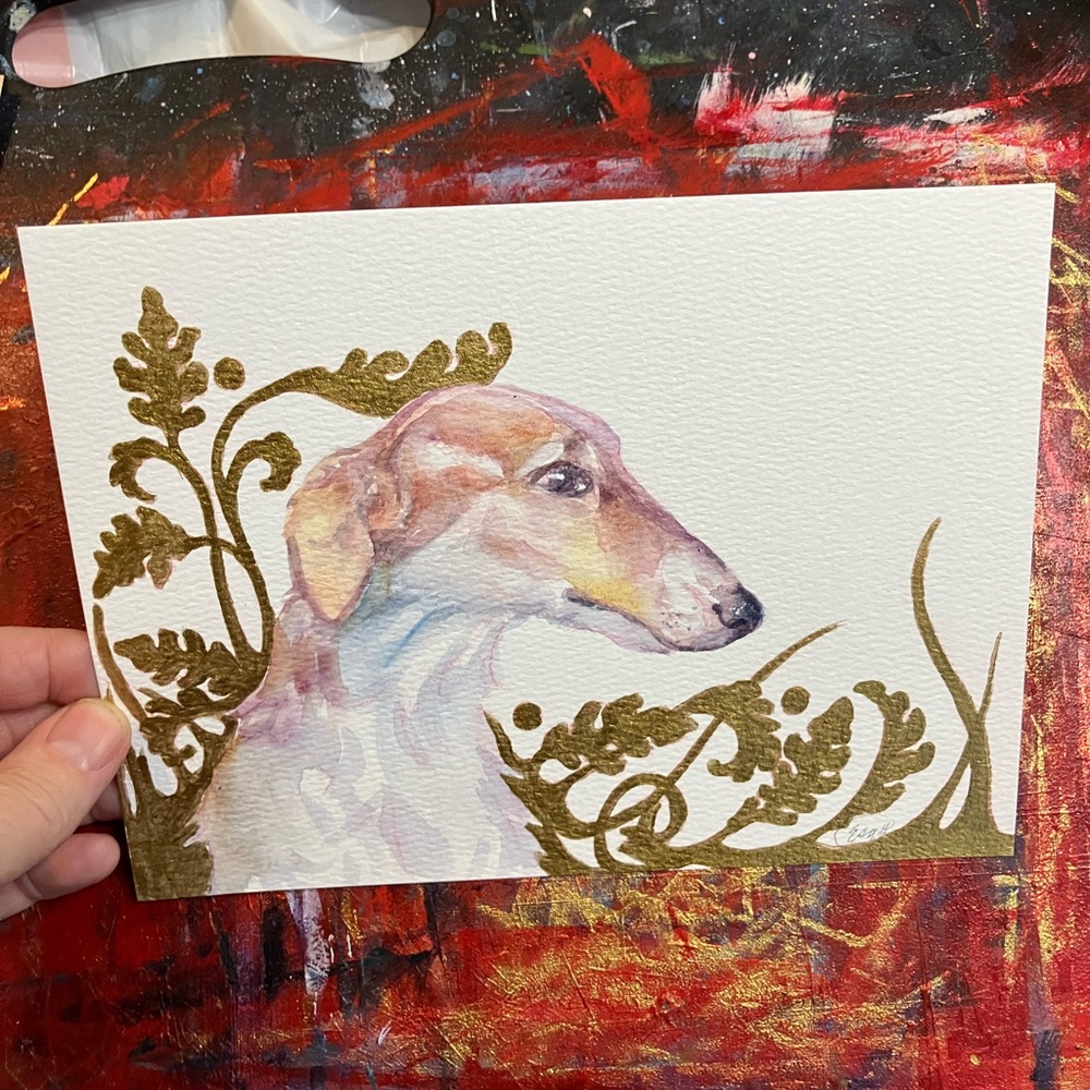 Original Painting Borzoi Dog watercolor Gold accents Floral Art Artettina - Picture 2 of 8